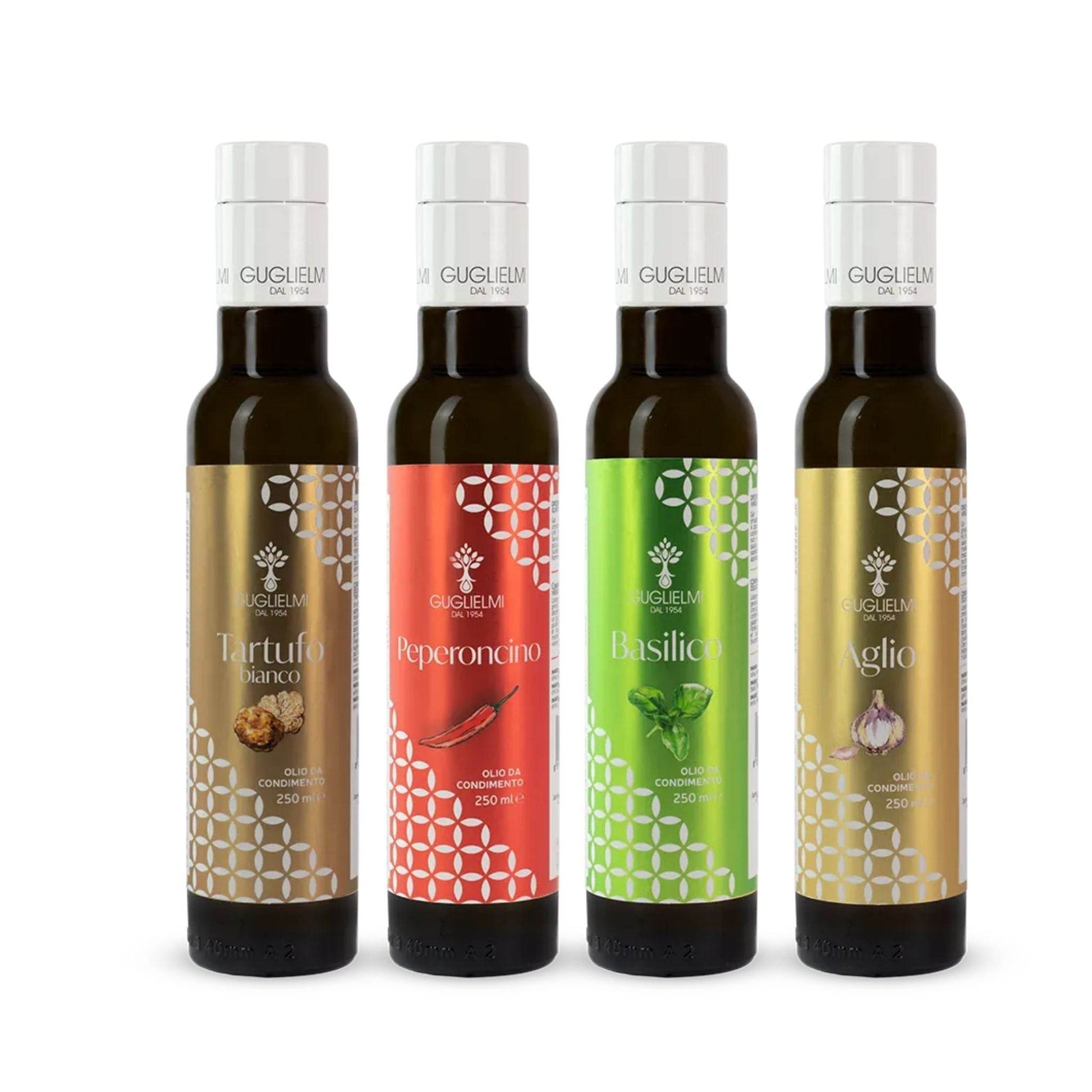 Guglielmi flavored olive oil set with truffle, chili, basil, and garlic varieties in elegant glass bottles with geometric labels