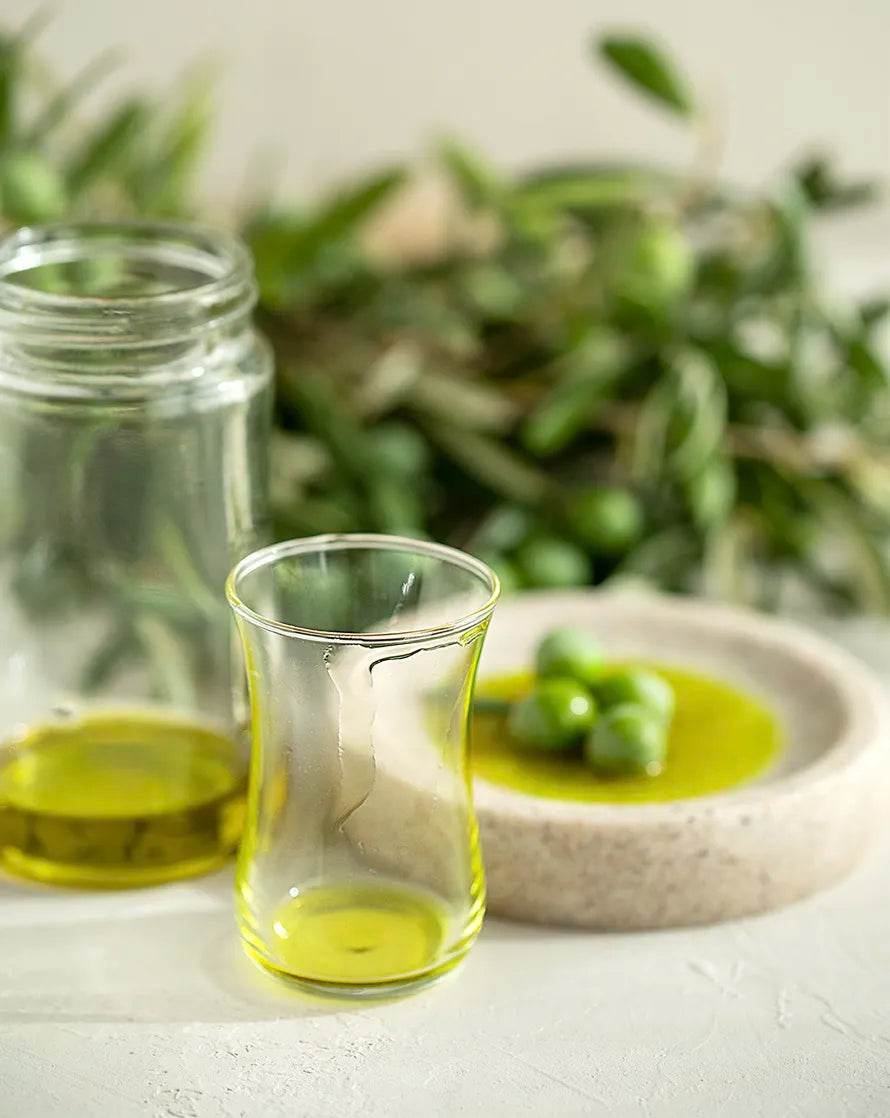 Casa del Agua olive oil in glass containers with fresh olives and herbs, showcasing premium Picual variety oil