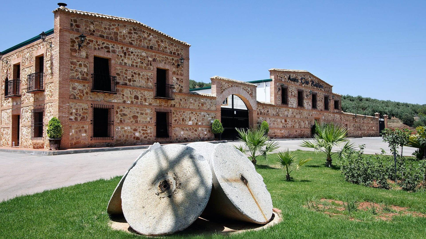 Casa del Agua 5LT - Traditional stone olive mill building with millstones on grass and rustic architecture in Spanish countryside