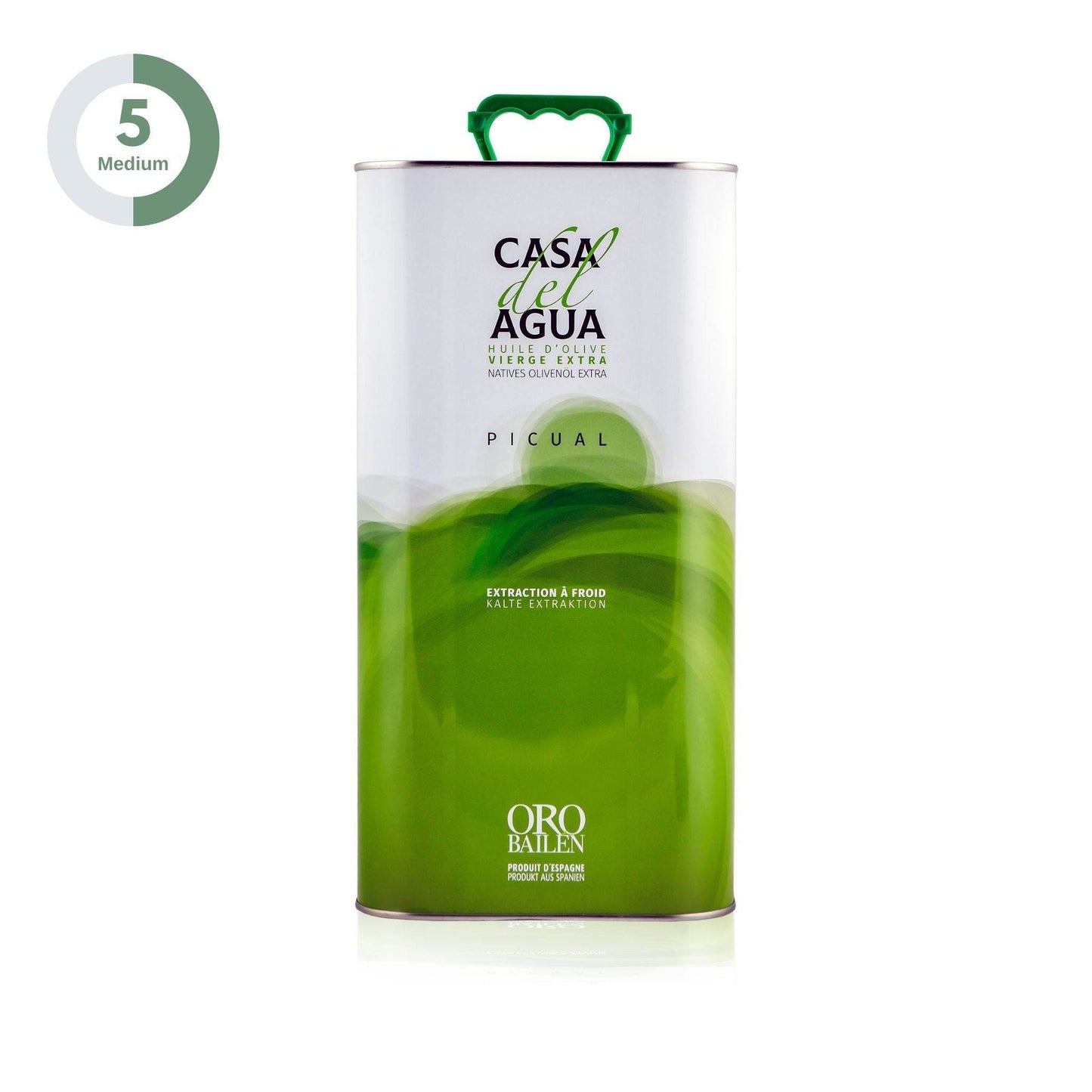 Casa del Agua 5LT Picual extra virgin olive oil tin can with green design and white background