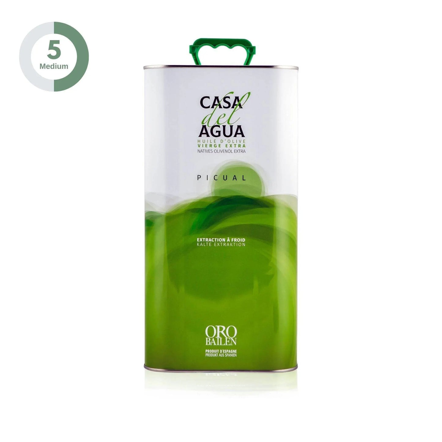 Casa del Agua 5LT Picual extra virgin olive oil tin can with green design and white background
