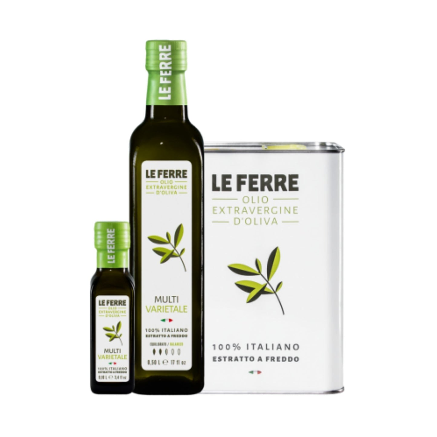 LeFerre Multivarietale extra virgin olive oil bottles and tin container with olive branch design on white background