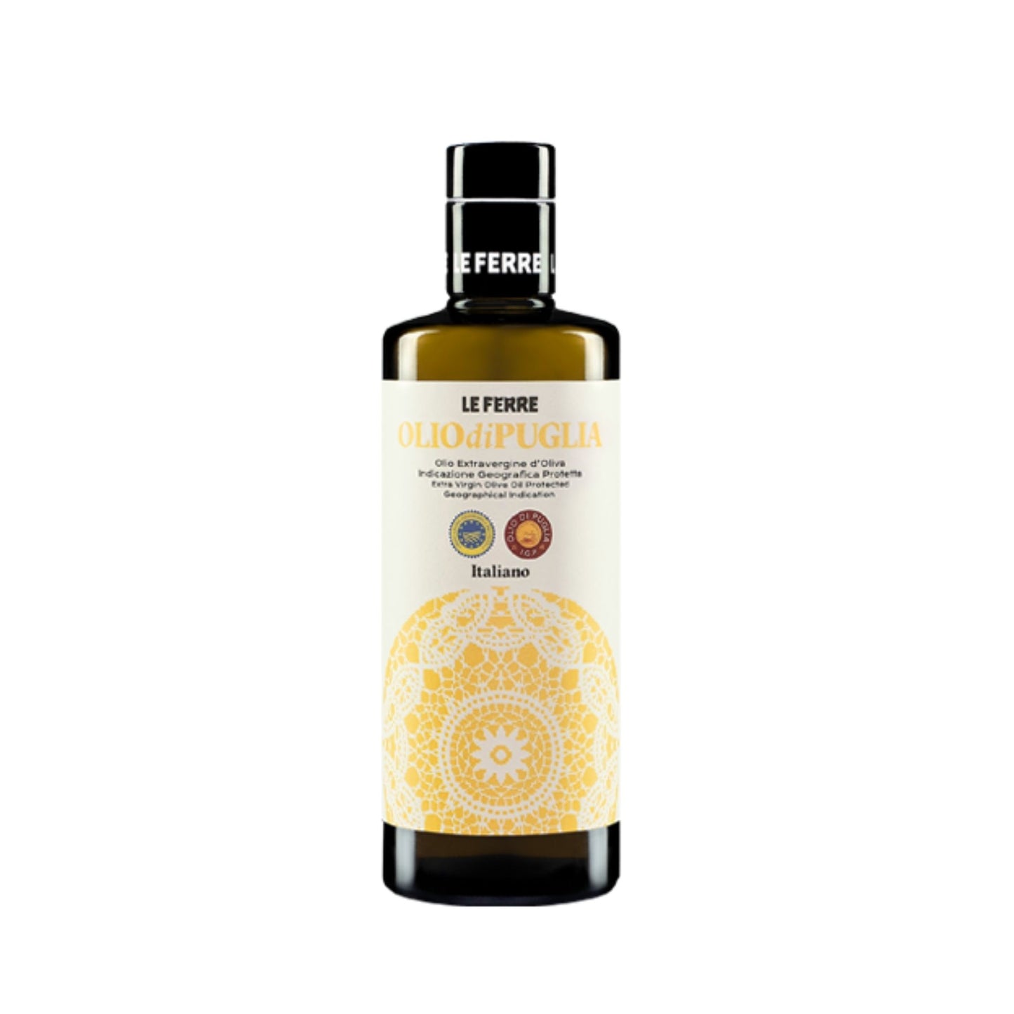 LeFerre Olio di Puglia IGP extra virgin olive oil bottle with ornate golden mandala design and quality certification seals
