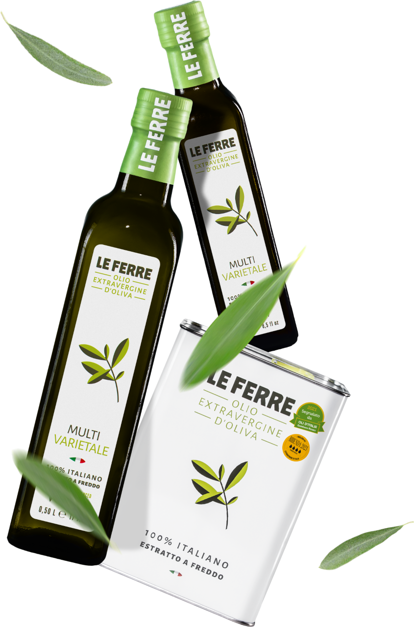 LeFerre Multivarietale extra virgin olive oil bottles and tin can with floating olive leaves against white background