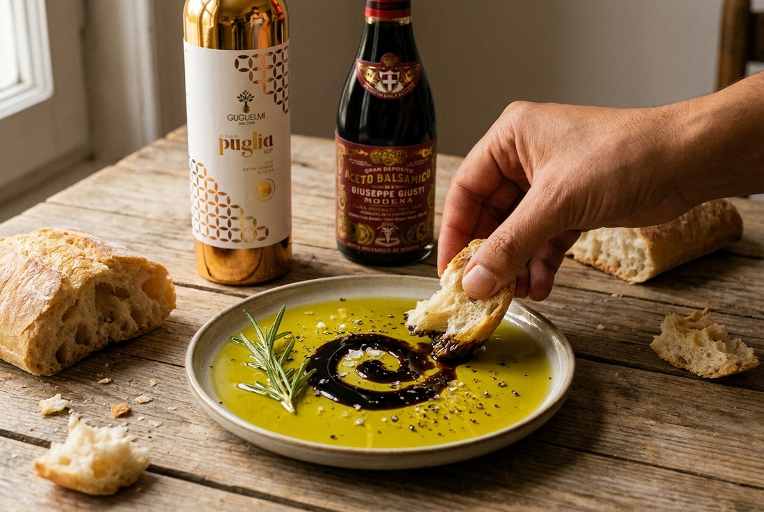 Stuk ciabatta wordt gedoopt in een schaaltje olijfolie met balsamico