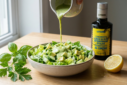 Dressing van olijfolie en citroensap wordt over een gehakte salade geschonken