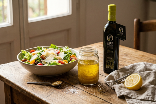 Vinaigrette in een glazen pot naast een schaal groene salade