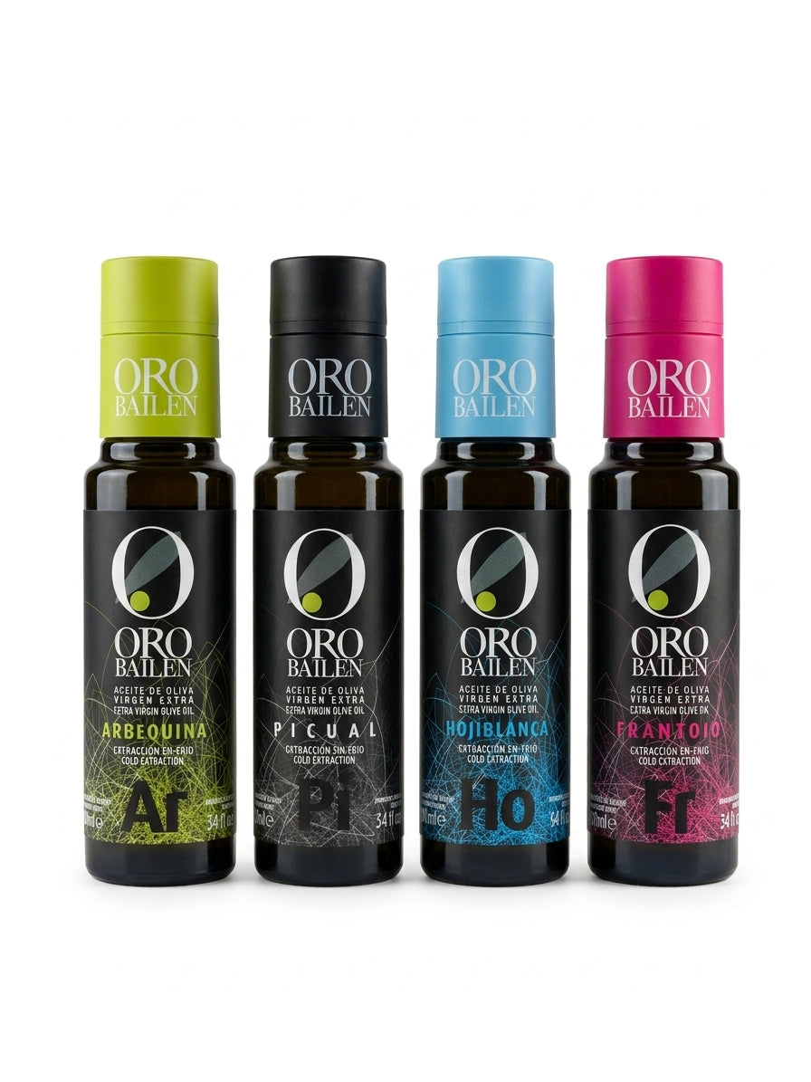 Oro Bailén Proefset – 4x100ml Picual, Arbequina, Hojiblanca & Frantoio Oro Bailén