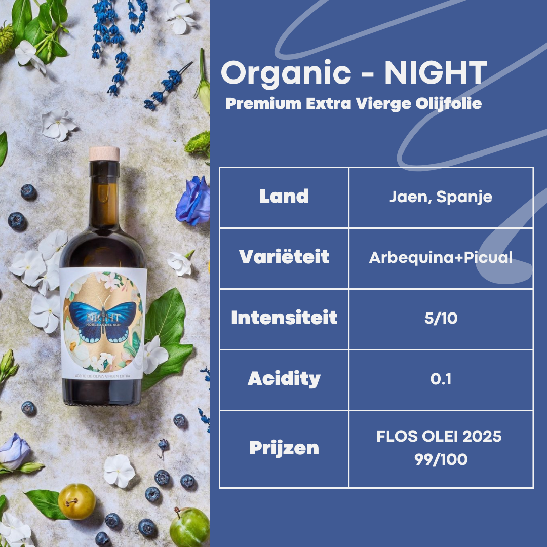 Beste Olijfolie Set 2025: Premium olive oil bottle with decorative butterfly label, surrounded by fresh herbs and blue flowers