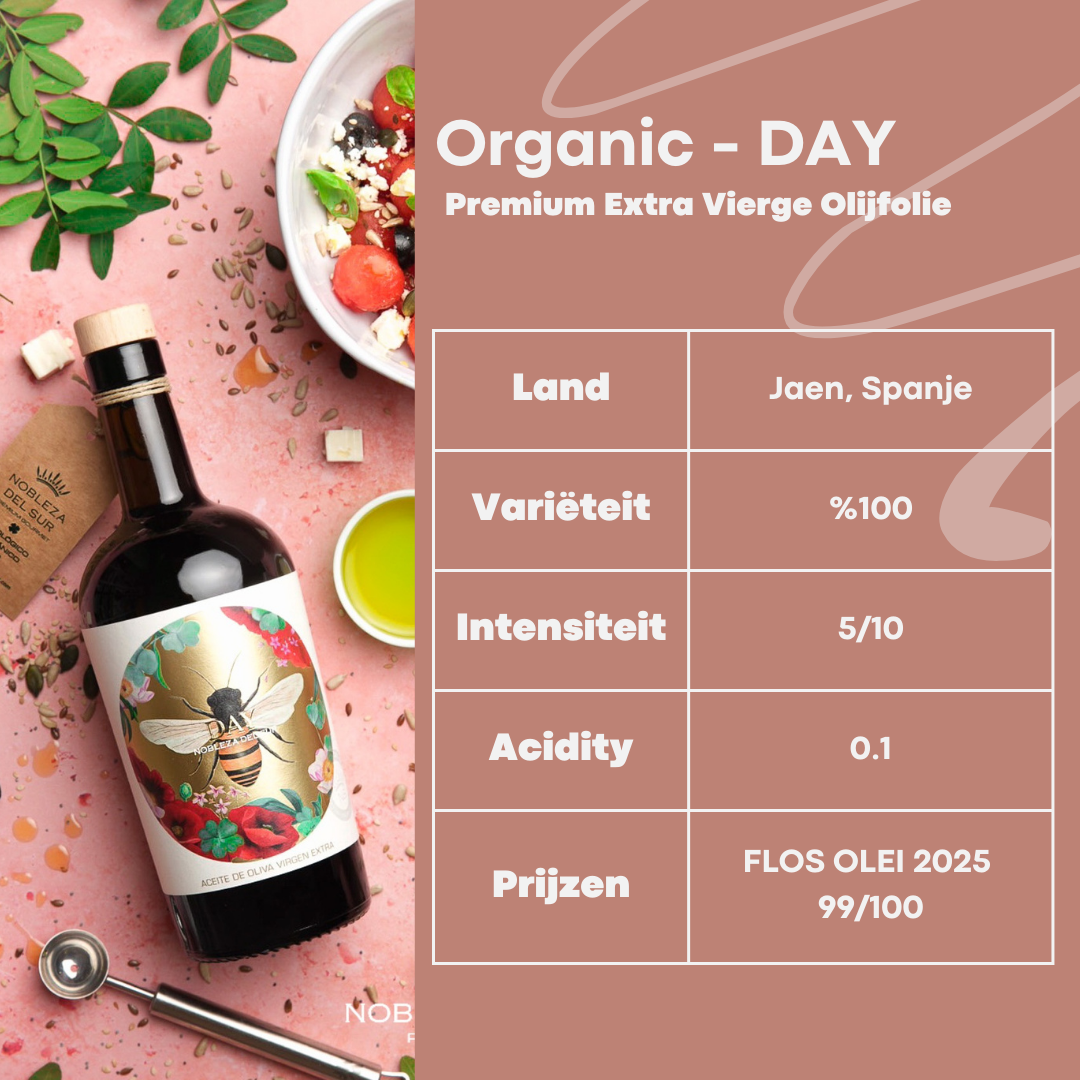 Nobleza del Sur Organic Day olive oil bottle with bee label next to fresh ingredients and product specifications on pink background