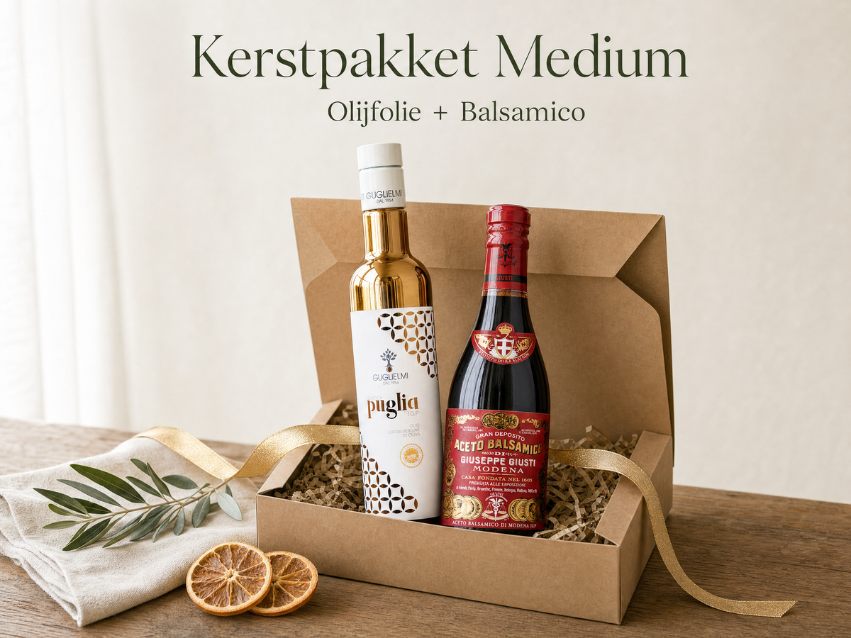 Kerstpakket Medium: Guglielmi Puglia IGP olijfolie en Giusti 3 Medaglie balsamico in geschenkdoos
